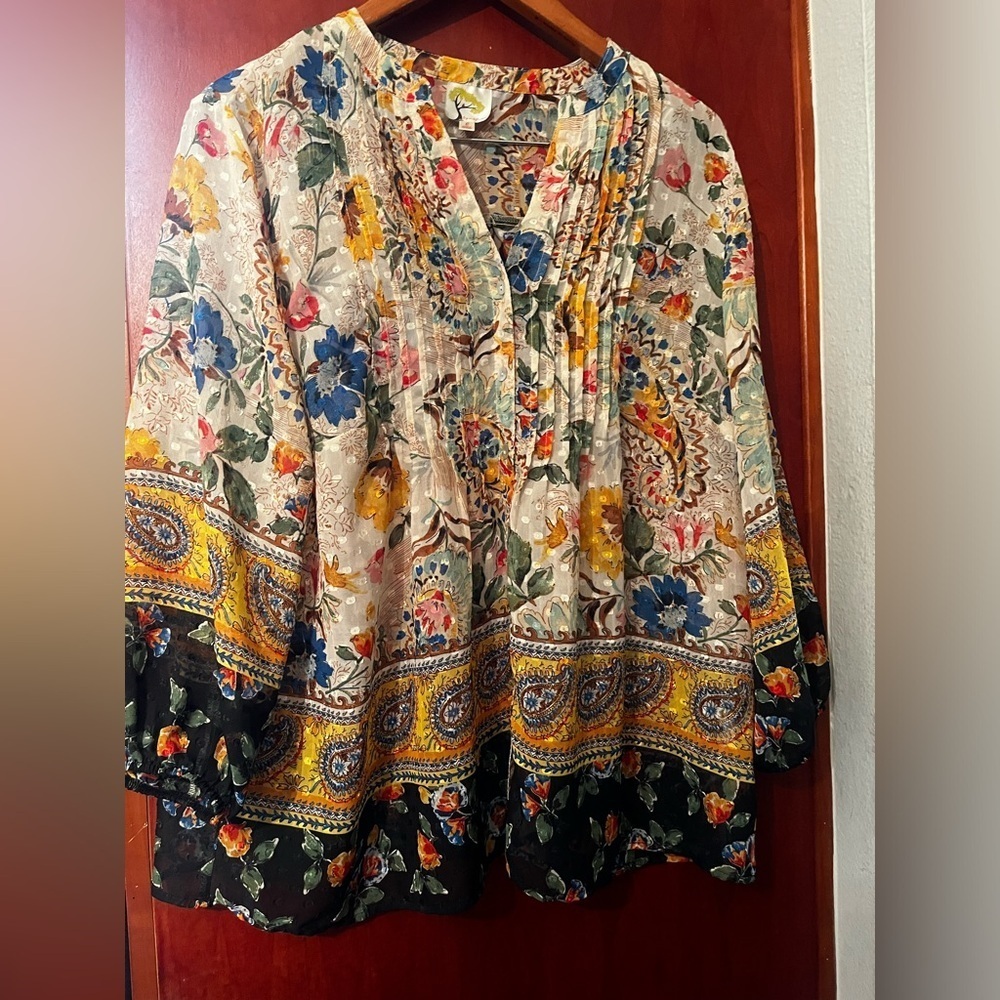 Fig & Flower Top Womens Large Yellow Beige Blue Floral Art Elegant Career Party - Picture 11 of 12